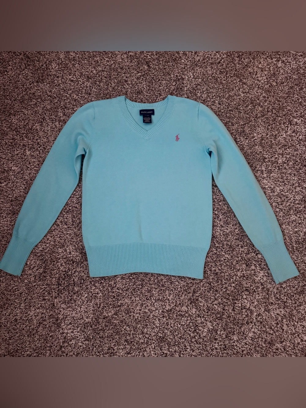 Polo Ralph Lauren Girls XL 16 Light Blue V-Neck Cotton Sweater Classic Pony